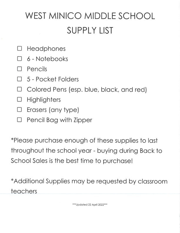 West Minico School Supply List 20232024 West Minico Middle School